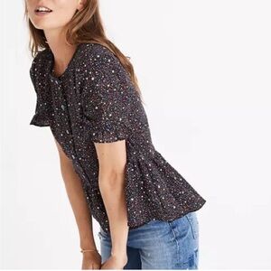 Madewell Star Print Ruffle Hem Peplum Top Black Button Front Flutter Sleeve Boho